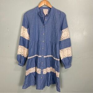 Johnny Was Laguna Pieced Mini Dress Blue White Balloon Sleeves Lace Tiered Sz XS